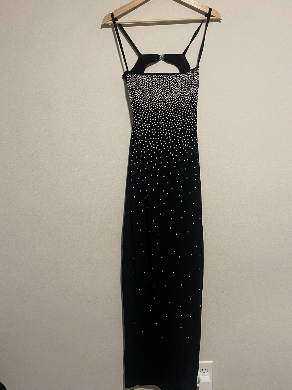 TADASHI Black Stretch Dress Open Back White Glittery Beads Rhinestones, Size XS